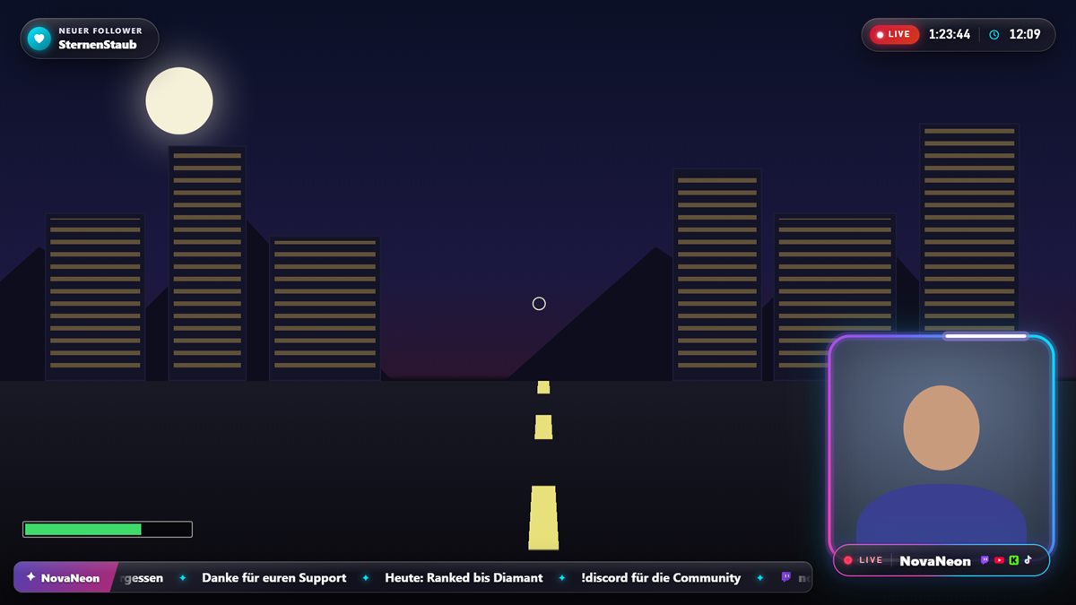 Ingame-Overlay mit Webcam-Rahmen, Laufband, Live-Laufzeit und Uhr über einer Spielszene