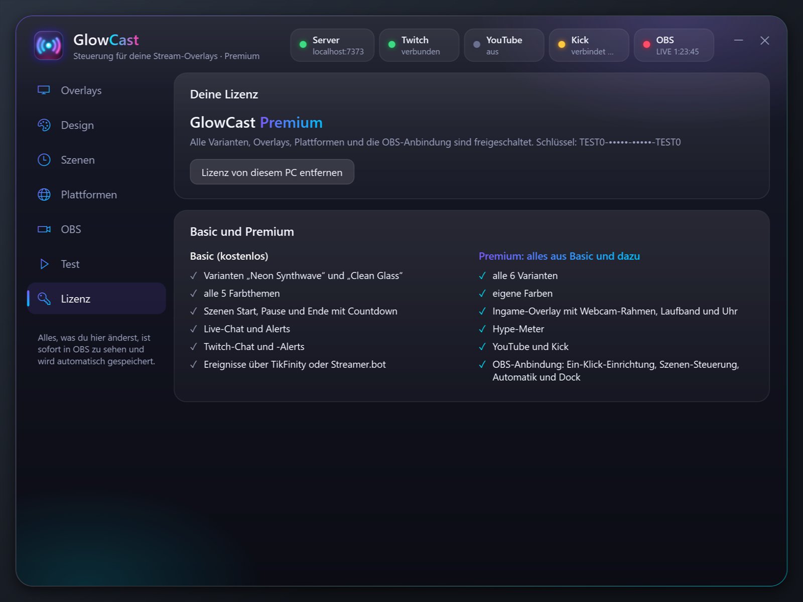 GlowCast-Studio im Reiter Lizenz mit freigeschaltetem Premium und dem Vergleich von Basic und Premium