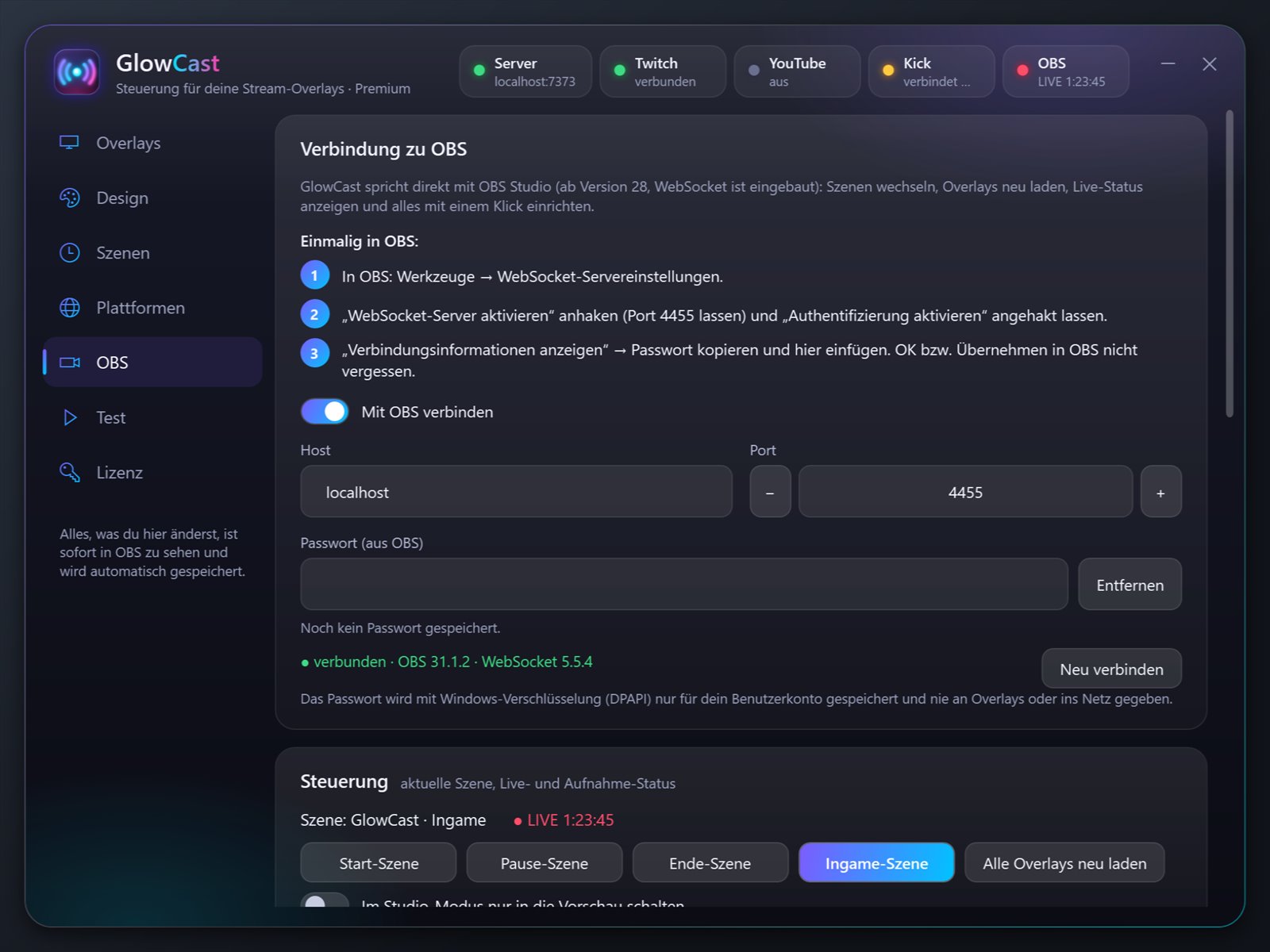 GlowCast-Studio im Reiter OBS mit Szenen-Knöpfen und Live-Status