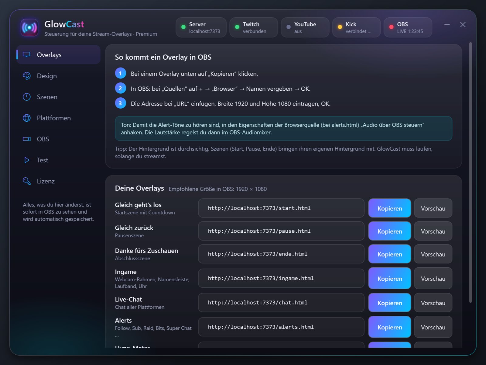 Das GlowCast-Studio im Reiter Overlays: Anleitung für OBS und die Liste der Overlays mit Kopieren- und Vorschau-Knöpfen